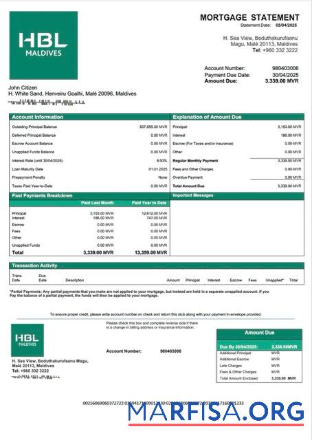 Printable Maldives Habib Bank Limited (HBL) mortgage statement Word and PDF template